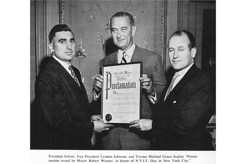 <strong>NYIT Day Proclaimed in 1958</strong> At NYIT's first Founders Dinner in 1958, New York City Mayor Robert Wagner Jr. proclaimed the day to trustee united york