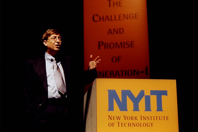 <strong>Throwback Thursday</strong> Former Microsoft CEO and Chairman Bill Gates visited NYIT in October 1999 to discuss the future of education. He is pictured giving a speech on the opportunities and challenges of educating a generation of students whose experiences are defined by the Internet. Gates also received NYIT's Presidential Medal.