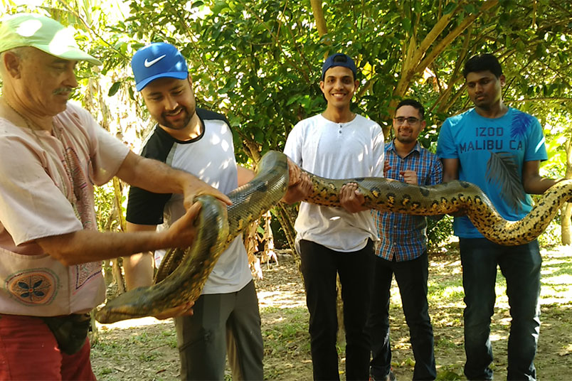 Masane, Kanjer, Edara, and Rathi pet an anaconda. Photo by Patrick Quio Valdivia