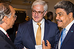NYIT President Hank Foley greets Eddy Martinez, president of the Instituto Tecnológico de las Américas (left), and Juan R. Ávila, Ambassador of the Dominican Republic to the United Nations (right).