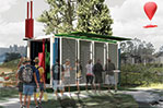Concept designs for modular emergency core centers for sanitation, water, and communications services across the island.