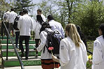 Students line up along the steps the Healing Path to honor donors.