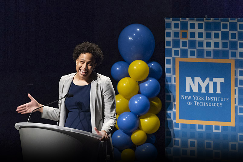 Dean of Students Gabrielle St. Léger addresses the crowd at the New Student Welcome on September 4 at NYIT-New York City.