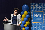 Dean of Students Gabrielle St. Léger addresses the crowd at the New Student Welcome on September 4 at NYIT-New York City.