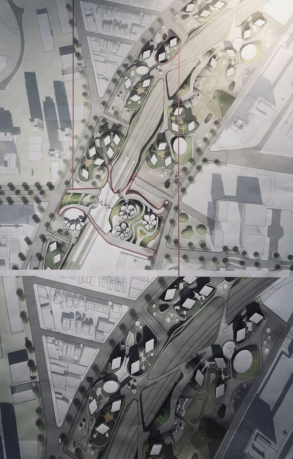 A site plan for an urban proposal in Adjunct Professor John DiDomenico’s class.
