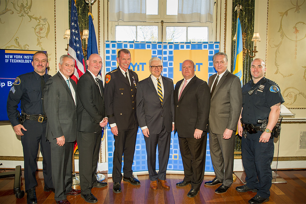(From left) Thomas D. Makinen of the Old Brookville Police Department, Deputy Commanding Officer and Inspector Michael J. Doyle of the Garden City Police Department, Police Commissioner Kenneth O. Jackson of the Garden City Police Department, Suffolk County Police Chief of Department Stuart Cameron, President Foley, Police Commissioner Stephen McAllister of the Floral Park Police Department, First Deputy Commissioner of Police Kevin Smith of the Nassau County Police Department, and Stephen Cochrane of the Old Brookville Police Department.