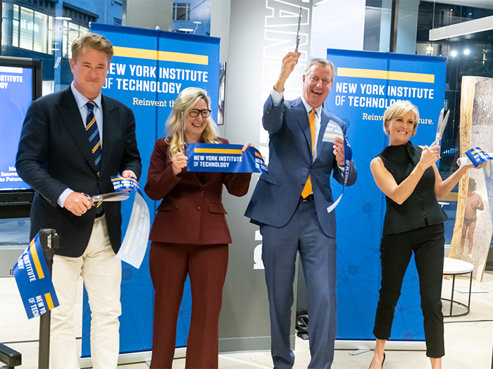 From left: Joe Scarborough, Suzanne Musho, Mayor Bill DeBlasio, and Mika Brzezinski cut the ribbon at the launch of the new Woodlands Art Collection.