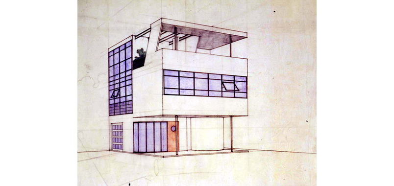 This drawing of Aluminaire House is true to the design conceived by architects A. Lawrence Kocher and Albert Frey, who envisioned it as a housing unit for mass production.