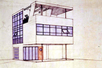 This drawing of Aluminaire House is true to the design conceived by architects A. Lawrence Kocher and Albert Frey, who envisioned it as a housing unit for mass production.
