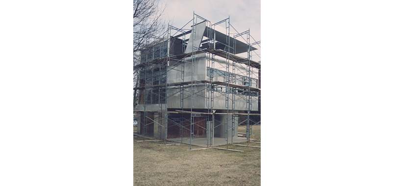Aluminaire House with scaffolding during the reconstruction phase at NYIT.