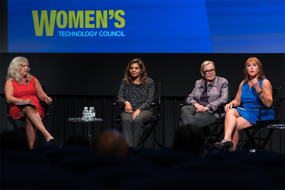 Moderator Joyce Brocaglia and panelists Shamla Naidoo, Caroline Watteeuw, and Lauren C. Anderson talked about careers in technology.