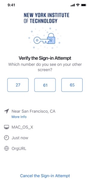 Okta Verify: App Screen 3 boxes containing numbers to select Challenge Number
