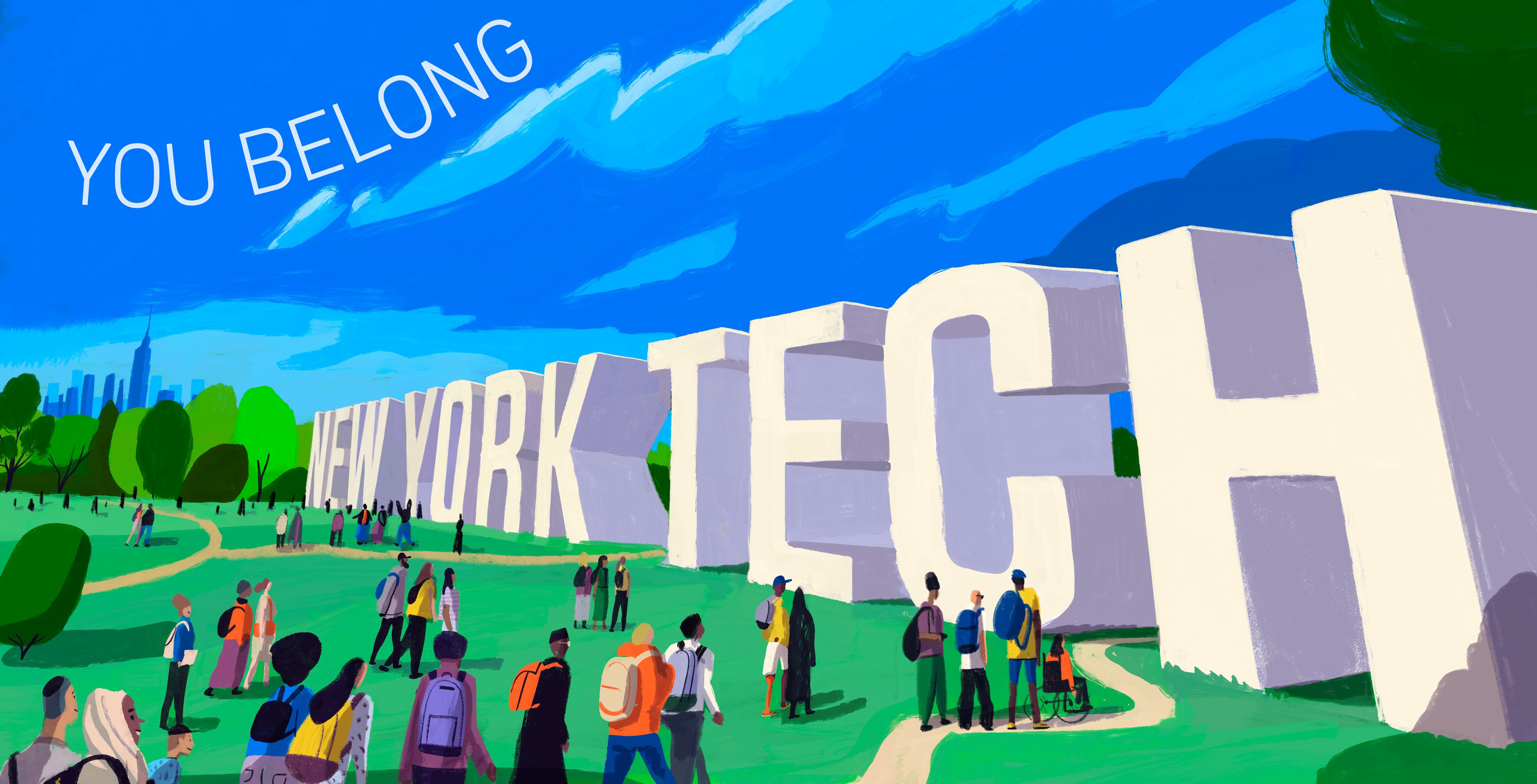 Groups of people in park near large letters of New York Tech Logo