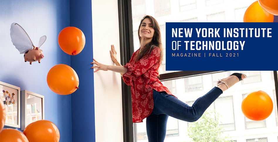 Woman standing at window doing dance pose surrounded by orange balloons