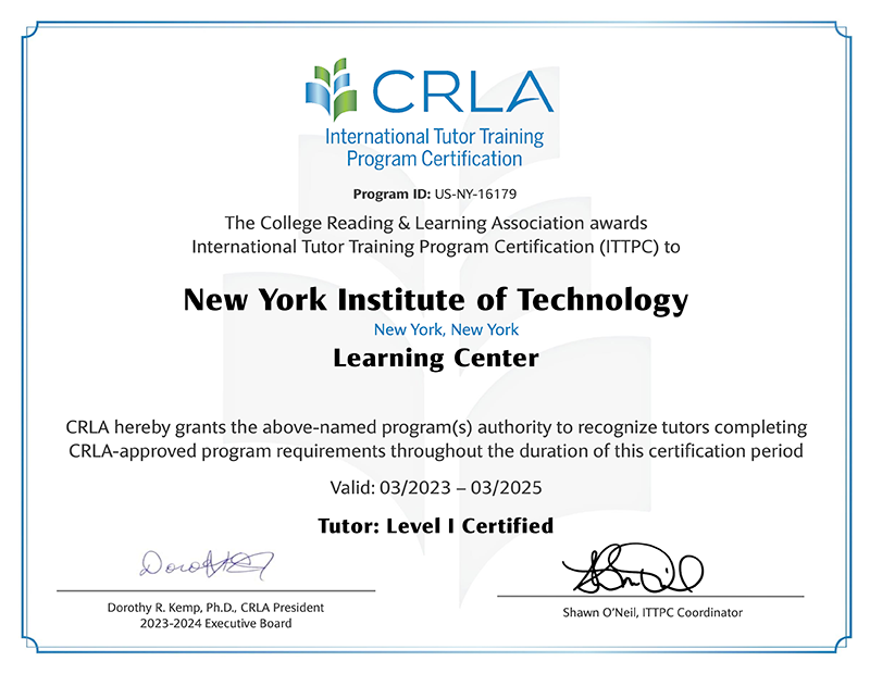 College Reading and Learning Association Certificate for New York Tech