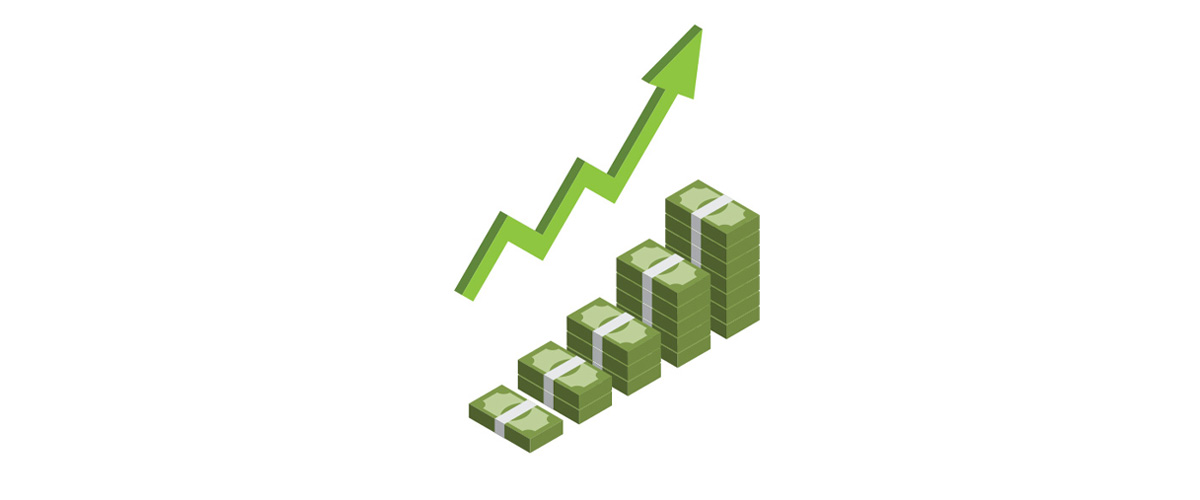 Increasing stack of isometric money with arrow, making profit, revenue growth