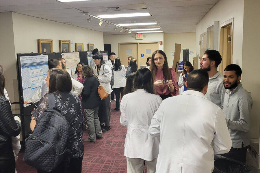 Attendees looking at student poster presentations