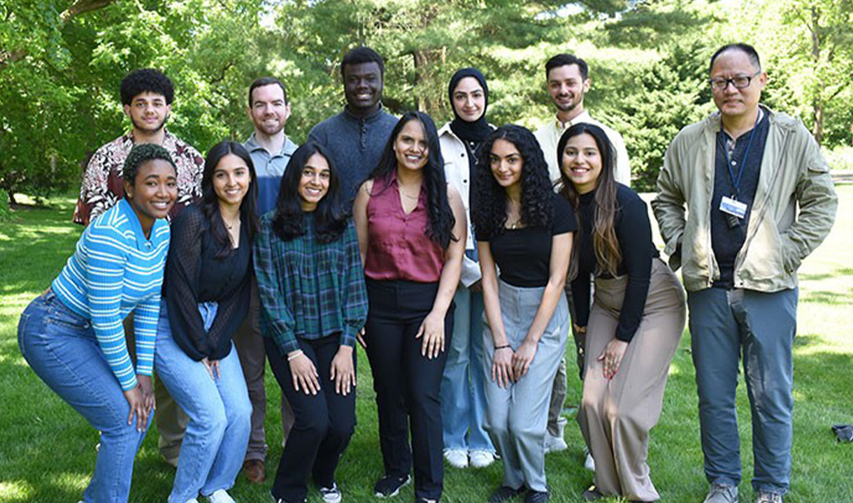 Haotian Zhao (Far Right) Poses With Student Researchers From His Laboratory. Top Row (Left To Right): Andrew Attia, James Virga, Eugene Atiase, Maheen Umber, And Lukas Faltings. Bottom Row: Kristen Green, Heena Jalili, Anjali Siluveru, Navjot Guru, Siddhi Modi, And Navleen Singh.