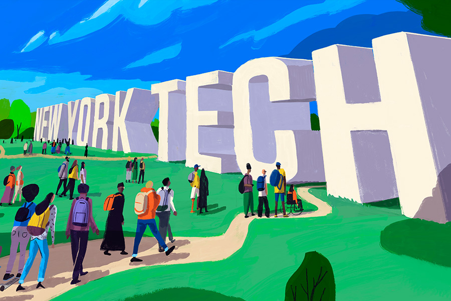 Illustration of people walking a green path up to large New York Tech letters