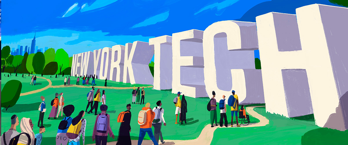 Illustration of people walking a green path up to large New York Tech letters