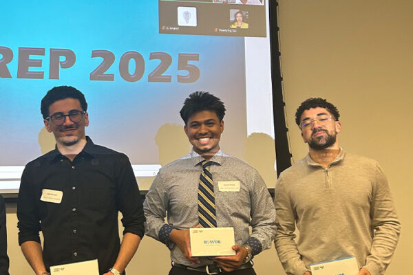 Dr. Dong & Simulation of Dynamic Wireless Charging Roads in NYC Team (Most Innovative), from L-R: Ziad Ghanem, Daniel Chung, Luis Jaco