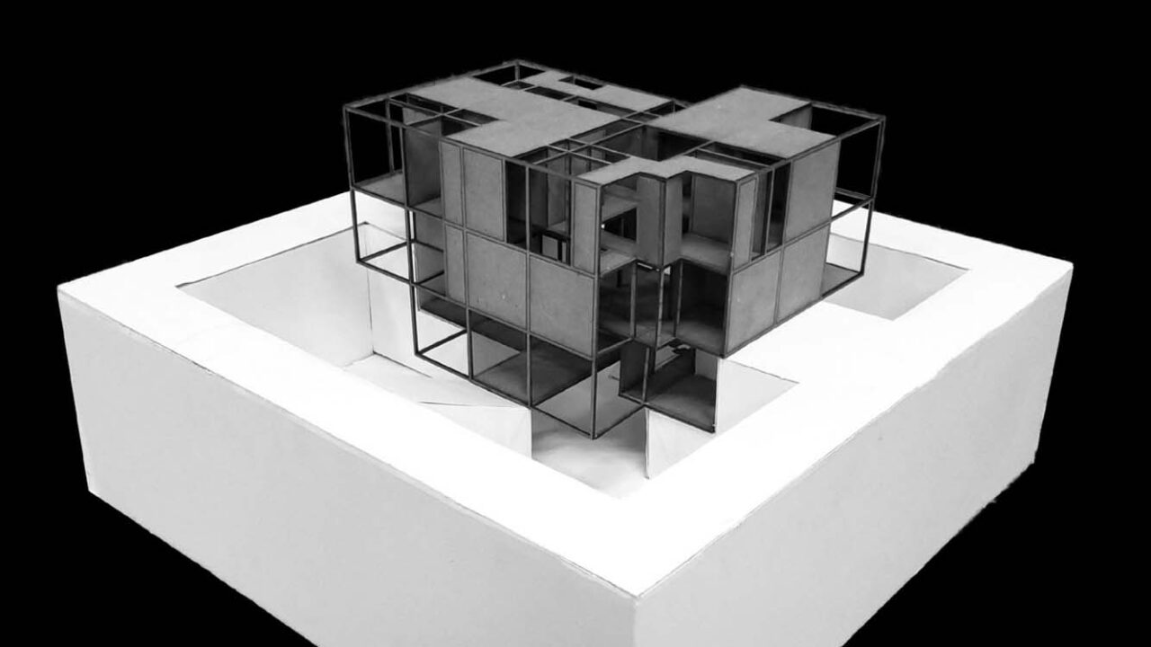 An architectural model of a modern building