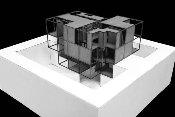 An architectural model of a modern building