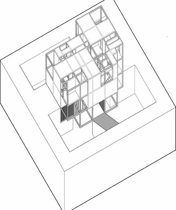 Architectural rendering showing an internal detail of a building within a larger structure