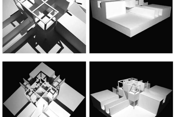 Photos of four architectural models.