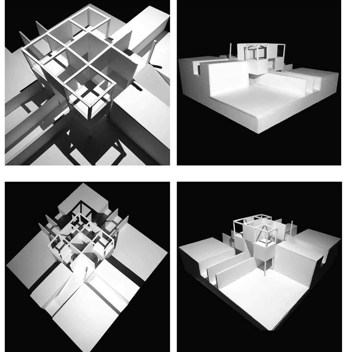 Photos of four architectural models.
