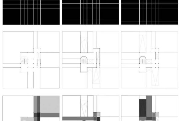 Nine drawings showing a focus on the centrality of design of structures.