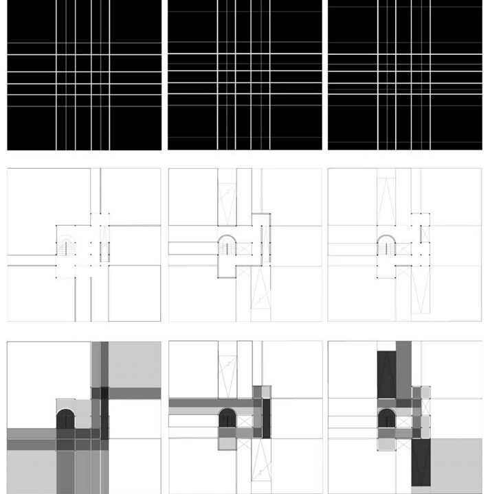 Nine drawings showing a focus on the centrality of design of structures.