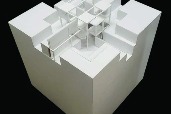 Photo of an architectural model focusing on the center of a building.