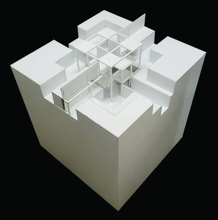 Photo of an architectural model focusing on the center of a building.