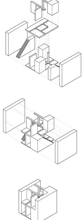 Exploded sketch of the interior parts of a structure.