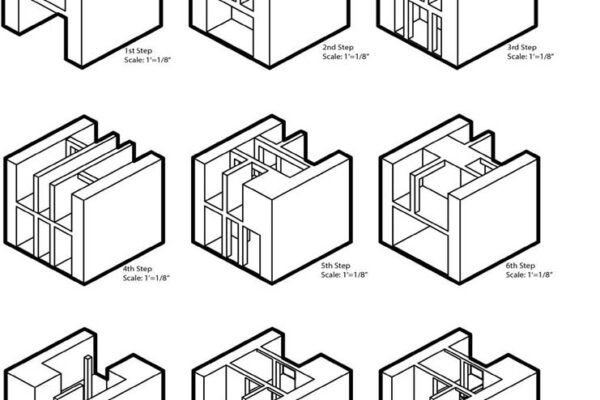 Nine sketches showing diverse ways to structure a cube-shaped construction.