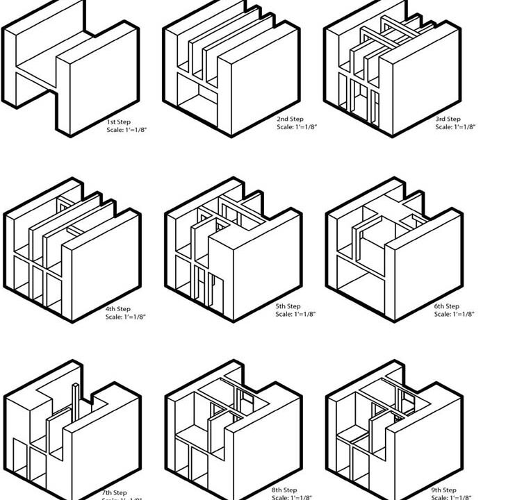 Nine sketches showing diverse ways to structure a cube-shaped construction.