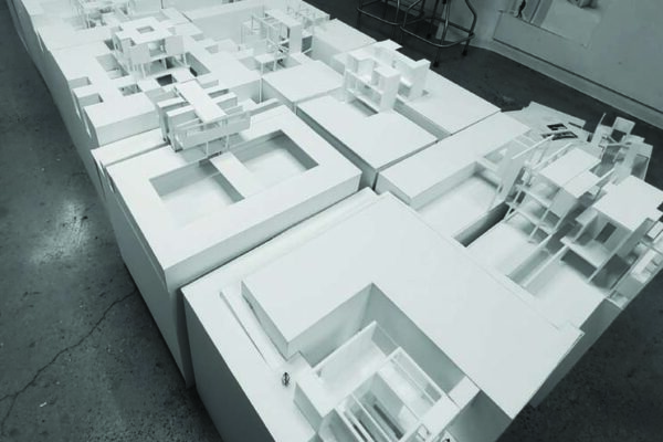 An architectural photo of a model of rectilinear structures.
