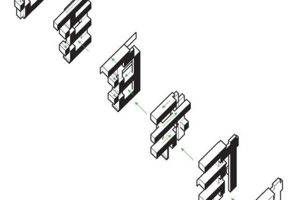 An exploded sketch of six elements of an architectural structure