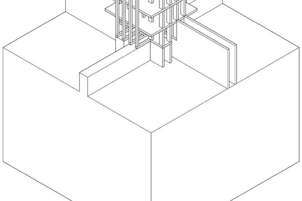 An architectural sketch of a structure with four radiating wall-like portions.