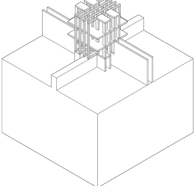 An architectural sketch of a structure with four radiating wall-like portions.