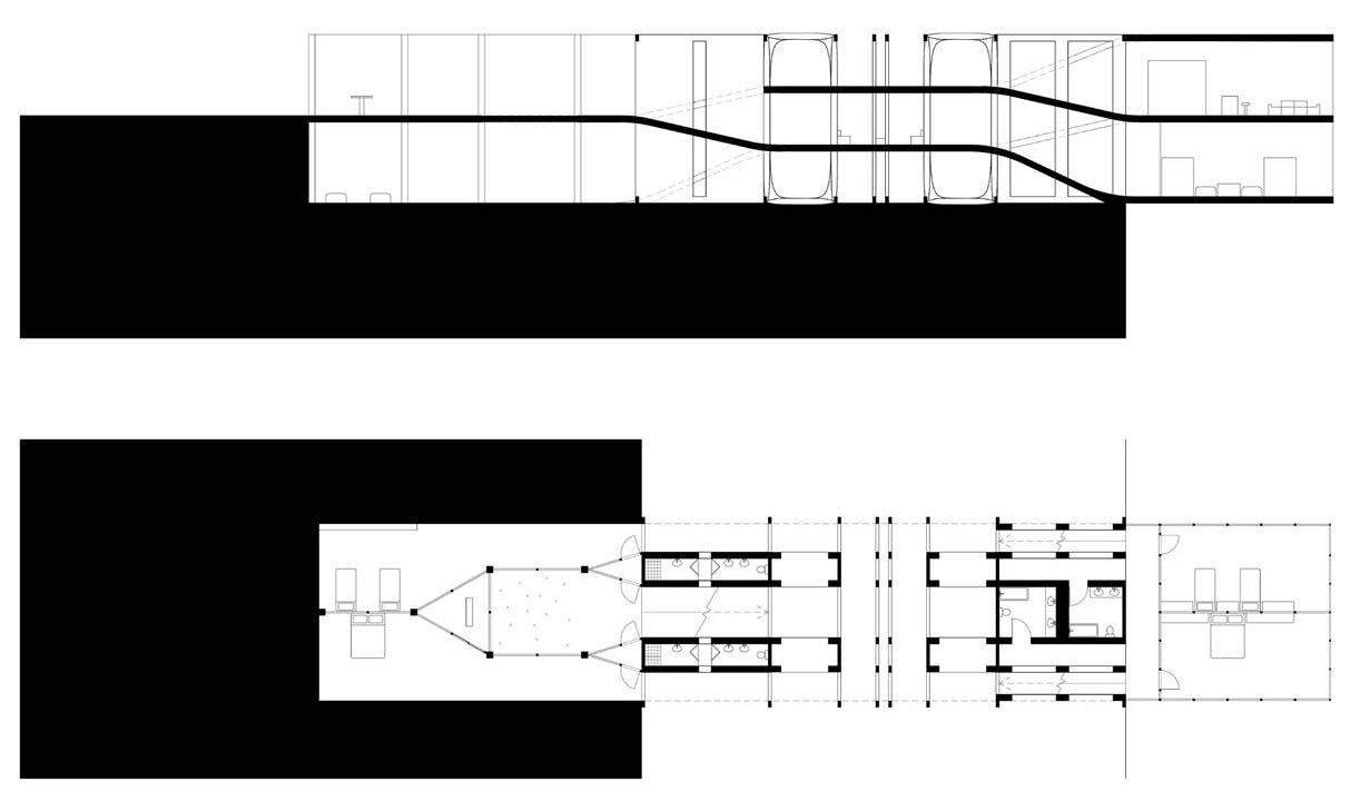 An architectural sketch of a building from above and in cross section