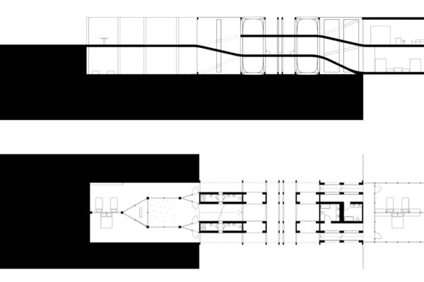 An architectural sketch of a building from above and in cross section