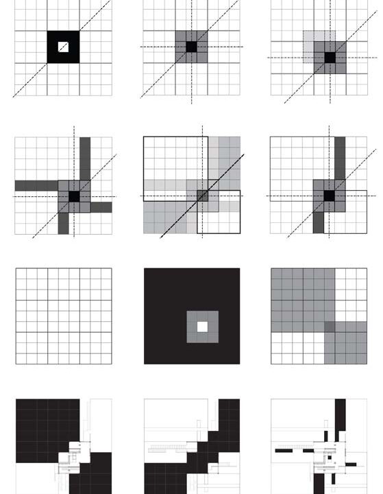 12 architectural diagrams created on grids.