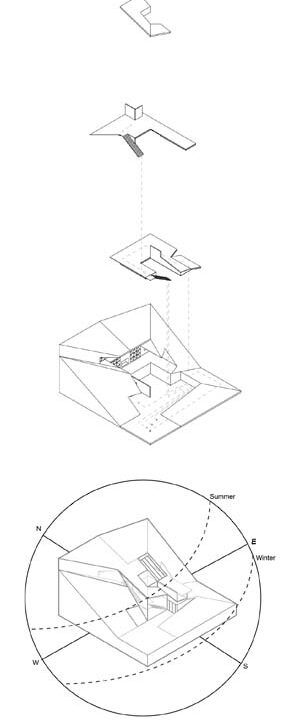 Five sketches of an architectural structure
