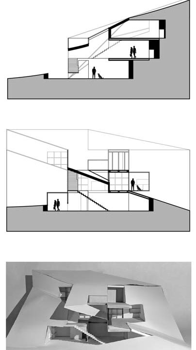 Sketches and photo of a structure build into a hill-side