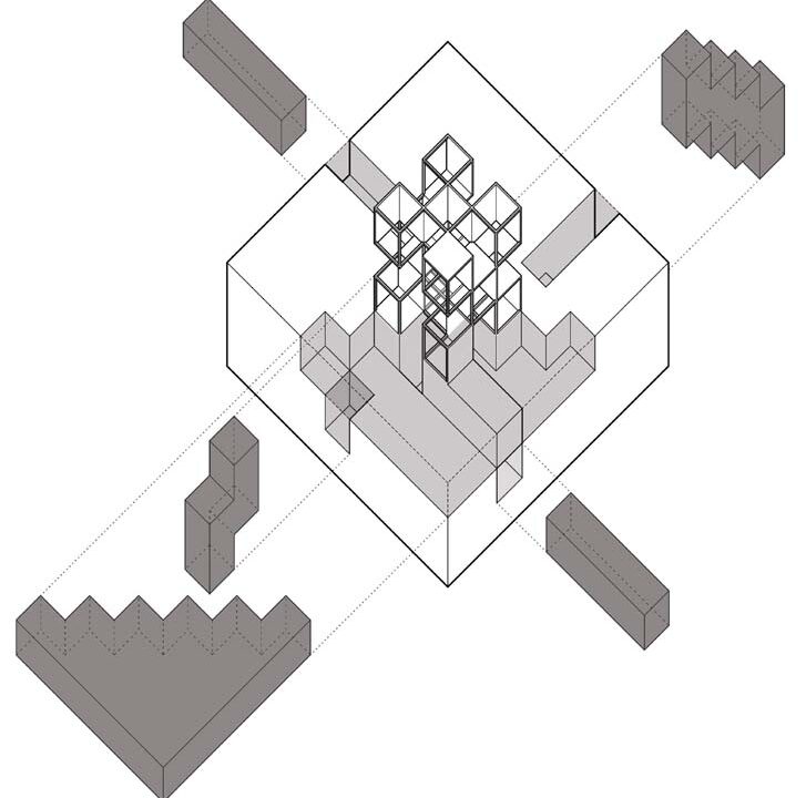 An exploded architectural drawing on a 3-D line grid