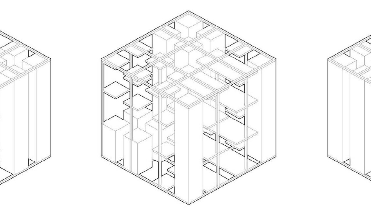 Three 3D cubes with abstract interior levels illustrated