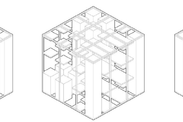 Three 3D cubes with abstract interior levels illustrated