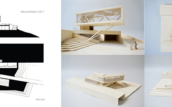 A sketch and photos of an architectural model of a modern structure